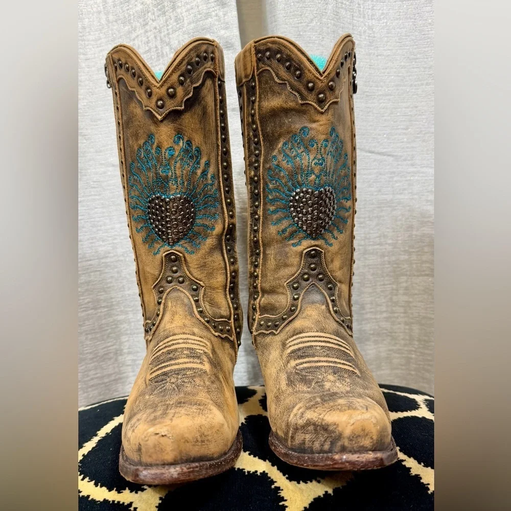 Dan Post DP3441 Distressed Leather Turquoise Heart Cowgirl Boots 6.5M – Western - Picture 3 of 8